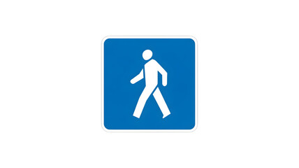 Pedestrian crossing zone sign icon with walking person silhouette in blue square for urban safety transparent background