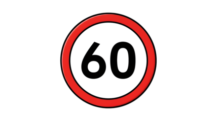 Speed limit 60 kilometers per hour traffic sign icon in red circle for road safety regulation transparent background