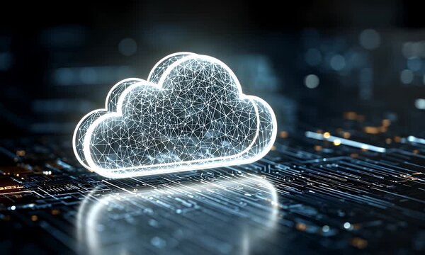 Abstract digital cloud network structure glowing with futuristic lines and nodes on a dark circuit board background with bokeh lights