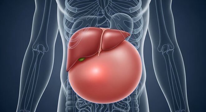 Human Anatomy with Enlarged Liver and Spleen, Medical Illustration.