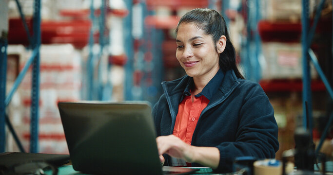 Laptop, cargo and search with woman in warehouse for delivery procurement, floor supervisor and logistics. Distribution manager, online shipping checklist and export sourcing with person in factory