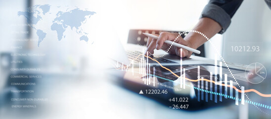 Market analysis, business, finance and investment. Finance analyst analyzing stock market trading graph, economic growth chart, planning and strategy, business investment with financial report
