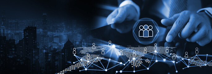 Businessmen using digital tablet for digital marketing plan and business target search, CRM, Customer Relationship management and service, HR recruitment, business marketing plan and strategy