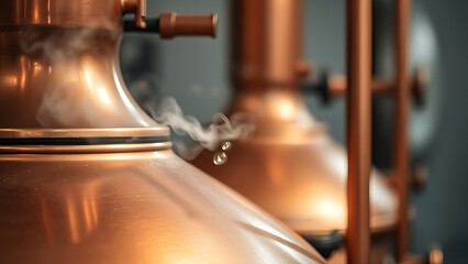condenser. A gleaming copper still with steam condensing into clear droplets, warm metallic tones. bar promotions, beverage menus, designed for food & beverage menus and cafe branding.