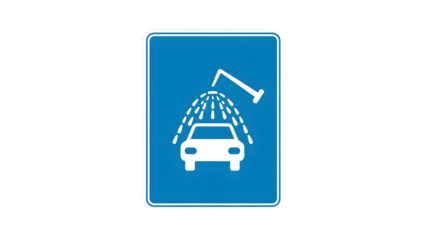 Blue Car Wash Service Road Sign with White Vehicle and Water Spray Icon transparent background