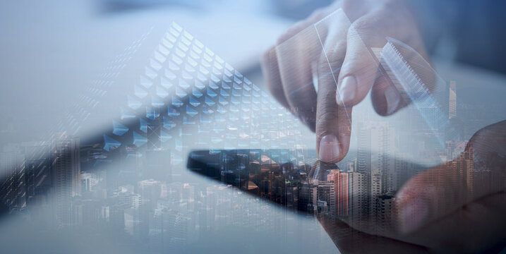 Woman using smartphone and the city, internet network connection, global communication, social media marketing, global business concept. smart city,  technology background - Powered by Adobe