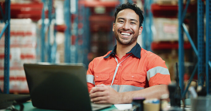 Laptop, cargo and portrait with man in warehouse for delivery procurement, floor supervisor and logistics. Distribution manager, online shipping checklist and export sourcing with person in factory