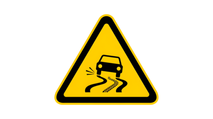 Yellow Slippery Road Warning Sign with Skidding Car Icon in Black Triangle transparent background