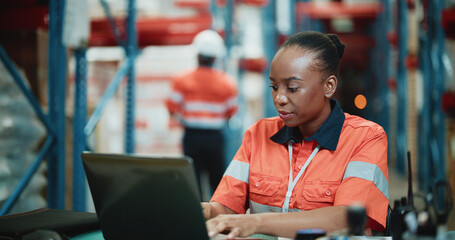 Laptop, shipping and search with woman in warehouse for delivery procurement, floor supervisor and logistics. Distribution manager, online cargo checklist and export sourcing with person in factory