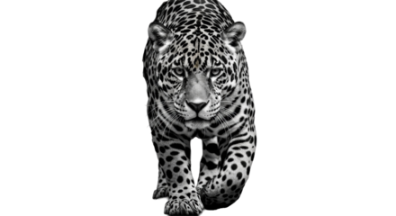 A powerful adult jaguar with sleek rosette-spotted fur and intense gaze, walking towards viewer from dramatic shadows on black studio background with copy space, concept of raw wild power