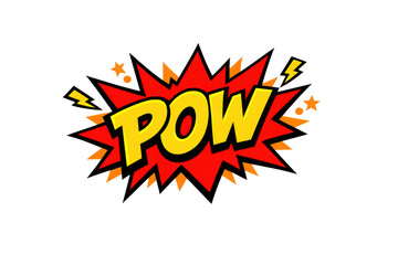 Pow comic book explosion sound effect sticker, impactful pop art graphic element, superhero action text bubble