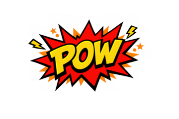 Pow comic book explosion sound effect sticker, impactful pop art graphic element, superhero action text bubble