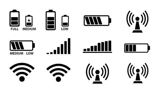 Wifi signal and battery level black icon vector set with mobile network and system status indicators