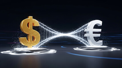 Fintech 3d data visualization showing a golden dollar symbol and a white euro symbol connected by a luminous particle stream on a dark background