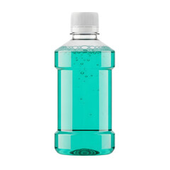 Minty fresh mouthwash in clear plastic bottle, isolated on white or transparent background, PNG Format.