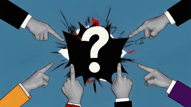 Corporate hands pointing towards a giant question mark surrounded by a comic book style blast graphic on a blue background indicating uncertainty or a serious business problem