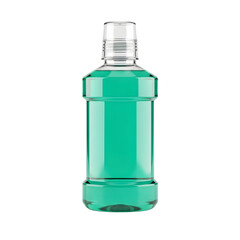 Minty fresh mouthwash in clear plastic bottle, isolated on white or transparent background, PNG Format.