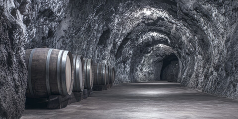 Dark cave with wooden barrels lined against the rocky wall in an underground storage space for aging wine or spirits