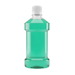 Minty fresh mouthwash in clear plastic bottle, isolated on white or transparent background, PNG Format.