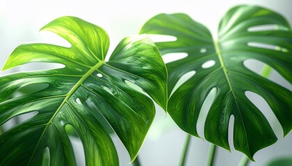 Two lush, vibrant green monstera leaves with natural light and holes, close-up