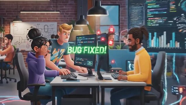 Animated Tech Teamwork - Fixing Bugs and Celebrating Success.