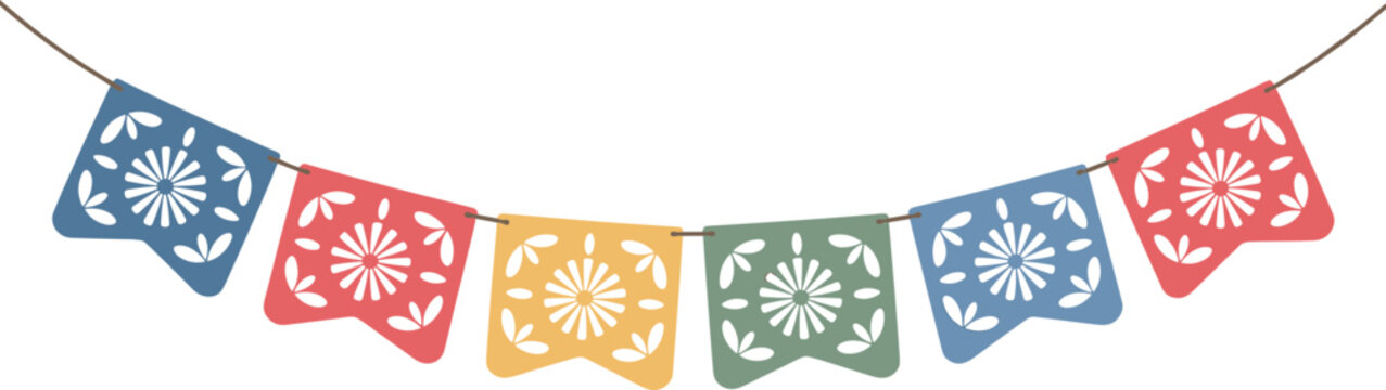 Colorful papel picado banner with floral folk patterns festive hanging flags illustration for celebration party decoration Mexican style