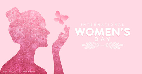 Paper-style International Women's Day background with floral ornament decoration