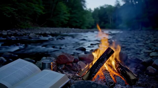 Cozy Campfire with Open Book by a Serene River in a Lush Forest during Evening. Seamless looping 4k video background 
