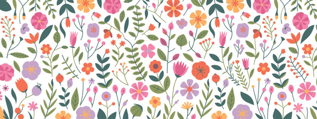Fototapeta premium Vibrant seamless floral pattern with colorful abstract flowers leaves and playful botanical elements for modern wallpaper fabric design