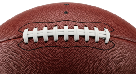 A close-up of a classic American football, textured brown leather, bright white laces, symmetrically cropped on a transparent studio background with copy space, concept of athletic competition