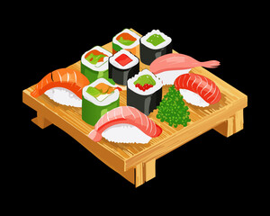 Fresh sushi and maki rolls set on a wooden plate for seafood restaurant and catering promotion Vector Illustration © powdesign