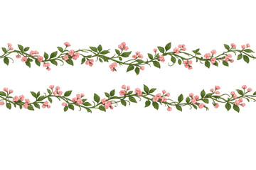Delicate pink climbing flower garland creating border with fresh green foliage, transparent background for spring or wedding design