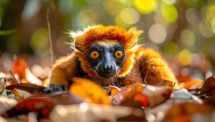 Obraz premium A cute baby lemur with golden fur and funny eyes sits on a green tree branch in the wild jungle forest, looking like a small mammal portrait from the wildlife of South America