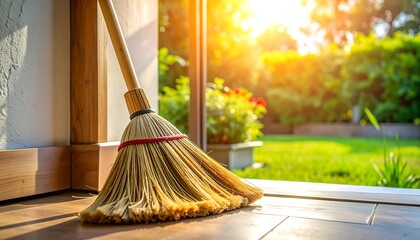 A yellow straw broom and a dustpan rest on a clean wooden floor, reflecting domestic housework and the essential tools used for sweeping dust in a household setting