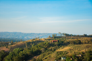 Naklejka premium Eco-Friendly Infrastructure in the Picturesque Mountains of Khao Kho, Panoramic View of Wind Turbines on a Distant Mountain Ridge