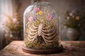 Floral ribcage inside glass cloche terrarium with wildflowers and moss