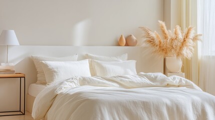 This modern bedroom features soft colors and natural elements, promoting relaxation. A comfortable bed with fluffy white bedding invites rest, while sunlight streams through the airy curtains