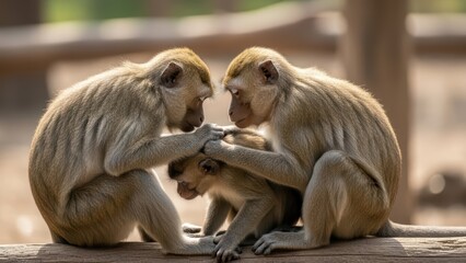 Obraz premium Three young monkeys engaging in social grooming on a wooden log in a sunny outdoor habitat