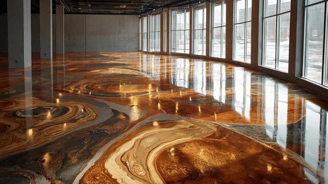 Polished epoxy resin flooring inside warehouse concept. Features smooth, glossy surface with intricate patterns in warm colors.