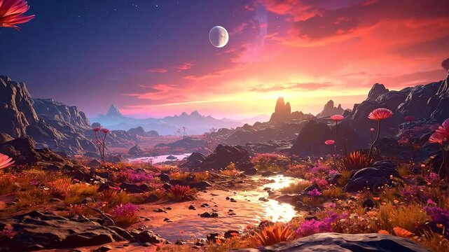 Surreal alien landscape with vibrant flora, y terrain, and a colorful sunset sky.