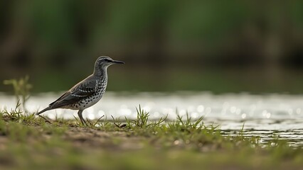 Obraz premium A Speckled Bird Stands Gracefully on the Shoreline of a Serene Water Body