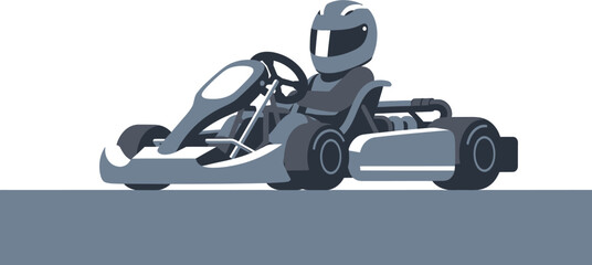 A person wearing a helmet driving a go-kart on a track, with a minimalist flat design style