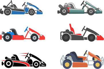 Naklejka premium A vibrant assortment of go-kart illustrations, perfect for designs related to speed, racing, and recreational sports. Dynamic vehicles for track enthusiasts and competitive events