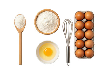Clean wooden spoon with flour, wood bowl of flour, cracked egg in white ceramic bowl, whisk, brown eggs carton on light beige studio background. Concept of culinary readiness for home baking