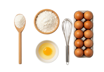 Clean wooden spoon with flour, wood bowl of flour, cracked egg in white ceramic bowl, whisk, brown eggs carton on light beige studio background. Concept of culinary readiness for home baking