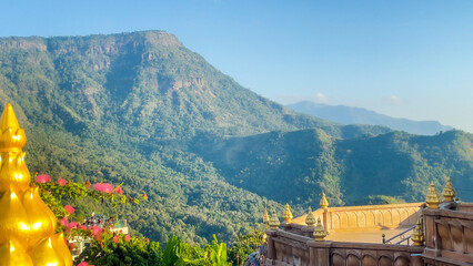 Peaceful Morning Atmosphere at a Mountain Viewpoint, Serene Mountain Range with Evergreens Under...