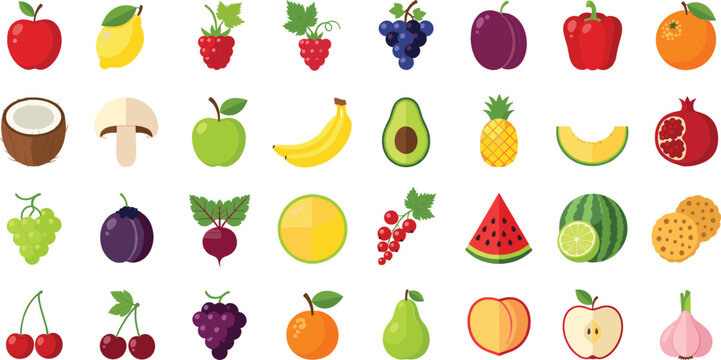 Colorful collection of various fresh fruit and vegetable icons including apple banana watermelon and berries, healthy organic food set flat vector illustration.