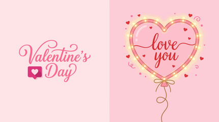 Romantic Valentine's Day illustration with pink background, heart balloon and 'Love You' banner