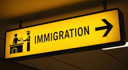 Bright Yellow Immigration Sign Directing Travelers at International Airport Border Control for Global Travel and Security Concept.