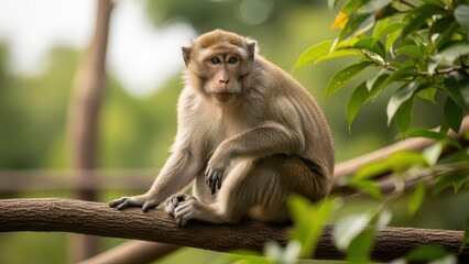 Obraz premium Adult monkey on tree branch in lush greenery observing surroundings with curious expression
